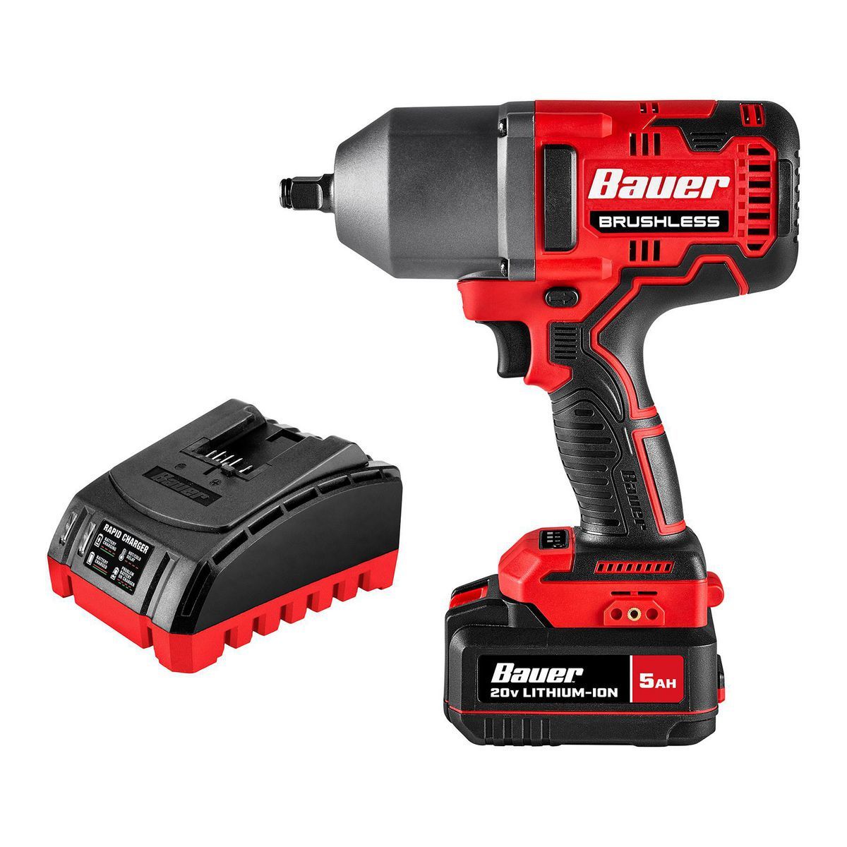 BAUER 2085CR-B1 20V Brushless Cordless, 1 2 in. High-Torque Impact Wrench Kit with 5 Ah Battery and Charger BAUER 2085CR-B1 20V Brushless Cordless, 1/2 in. High-Torque Impact Wrench Kit with 5 Ah Battery and Charger