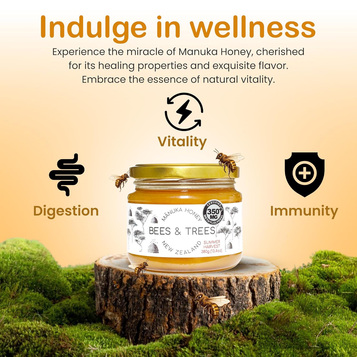 Bees & Trees Manuka Honey 350+ MGO – New Zealand Pure Monofloral, Raw, Bioactive – Unpasteurized Superfood for Wellness – Bioactive Nutrient-Packed for Immunity & Vitality - 380g (13.4oz) Glass Jar1