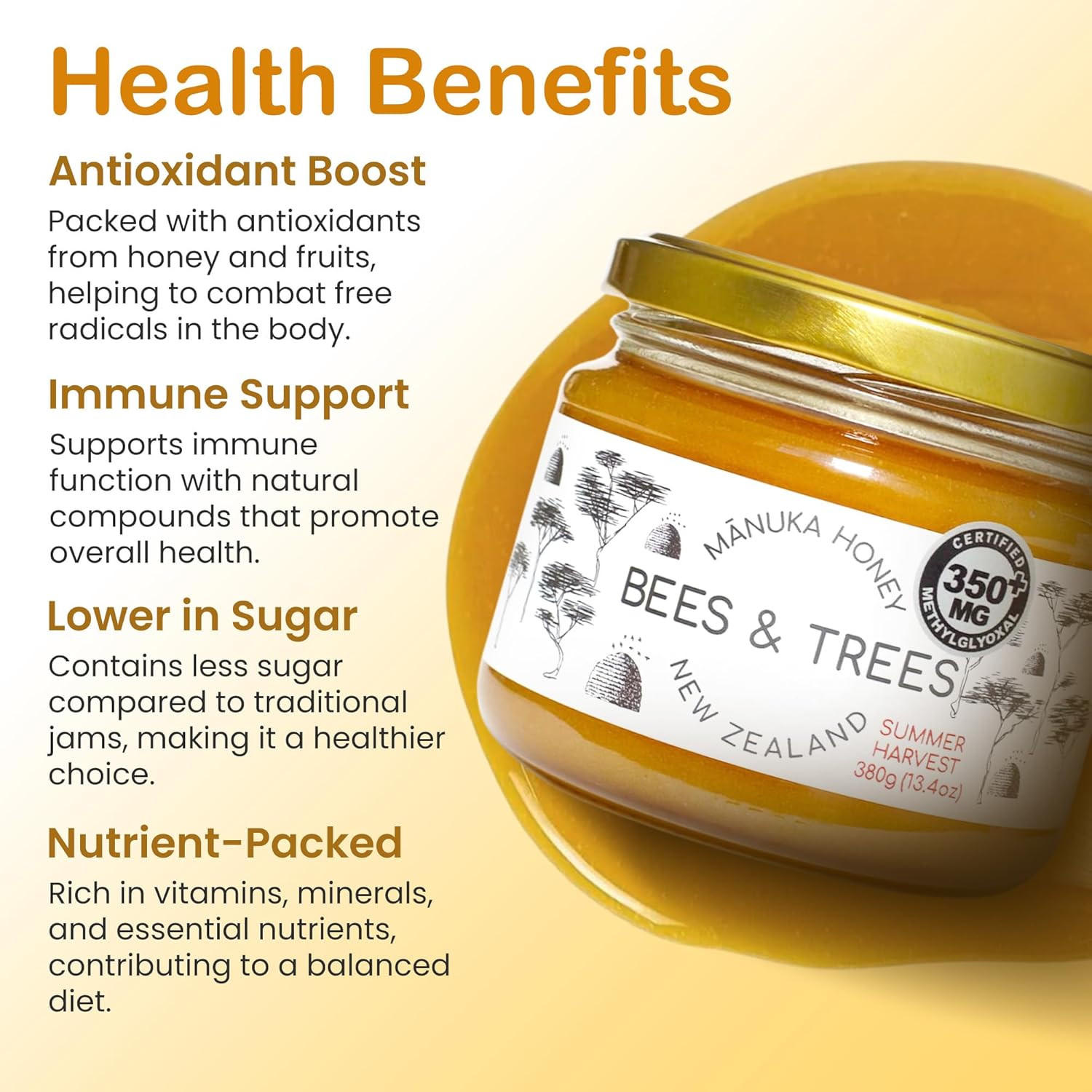 Bees & Trees Manuka Honey 350+ MGO – New Zealand Pure Monofloral, Raw, Bioactive – Unpasteurized Superfood for Wellness – Bioactive Nutrient-Packed for Immunity & Vitality - 380g (13.4oz) Glass Jar3