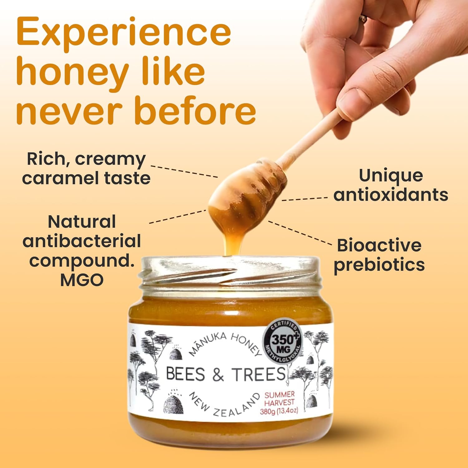 Bees & Trees Manuka Honey 350+ MGO – New Zealand Pure Monofloral, Raw, Bioactive – Unpasteurized Superfood for Wellness – Bioactive Nutrient-Packed for Immunity & Vitality - 380g (13.4oz) Glass Jar4