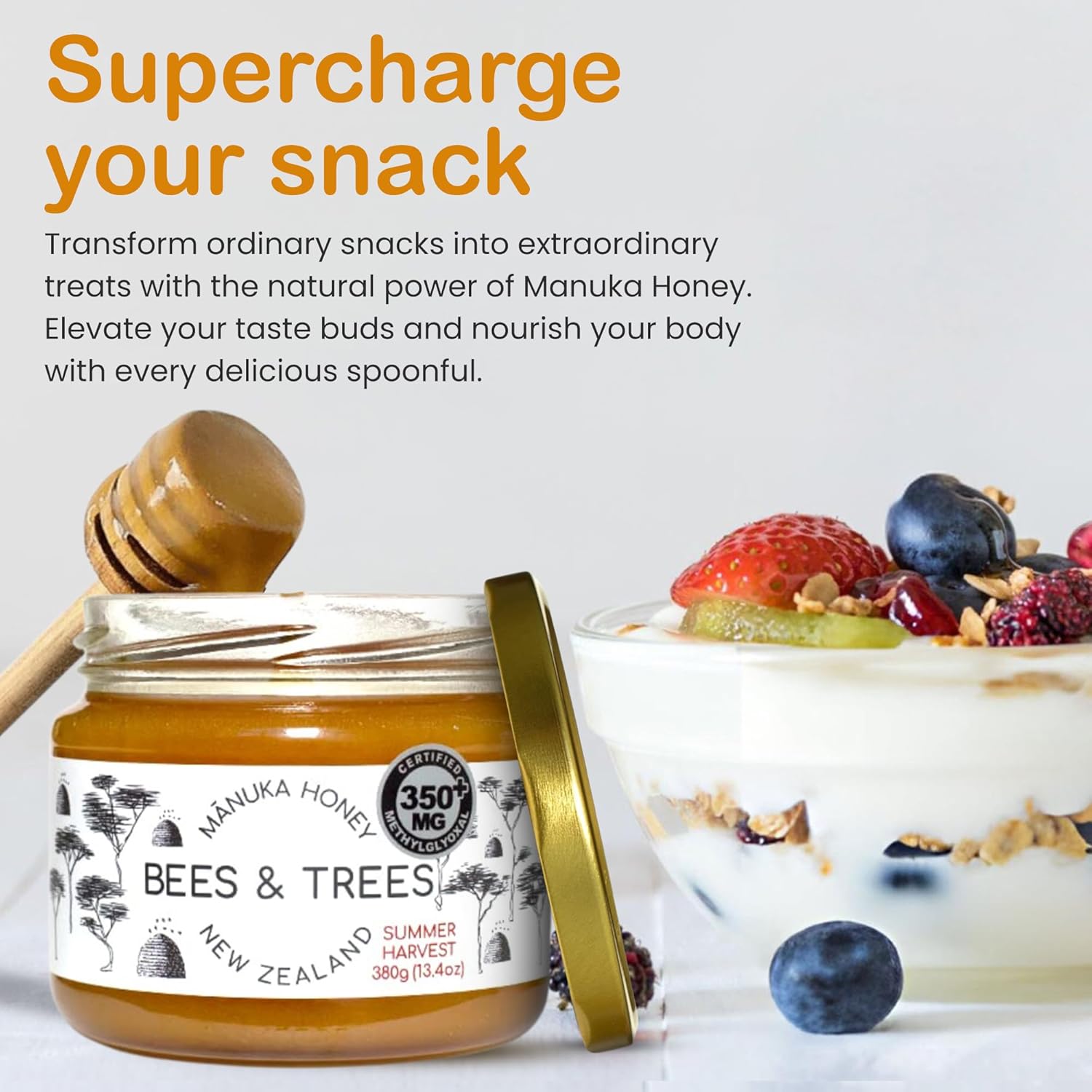 Bees & Trees Manuka Honey 350+ MGO – New Zealand Pure Monofloral, Raw, Bioactive – Unpasteurized Superfood for Wellness – Bioactive Nutrient-Packed for Immunity & Vitality - 380g (13.4oz) Glass Jar5