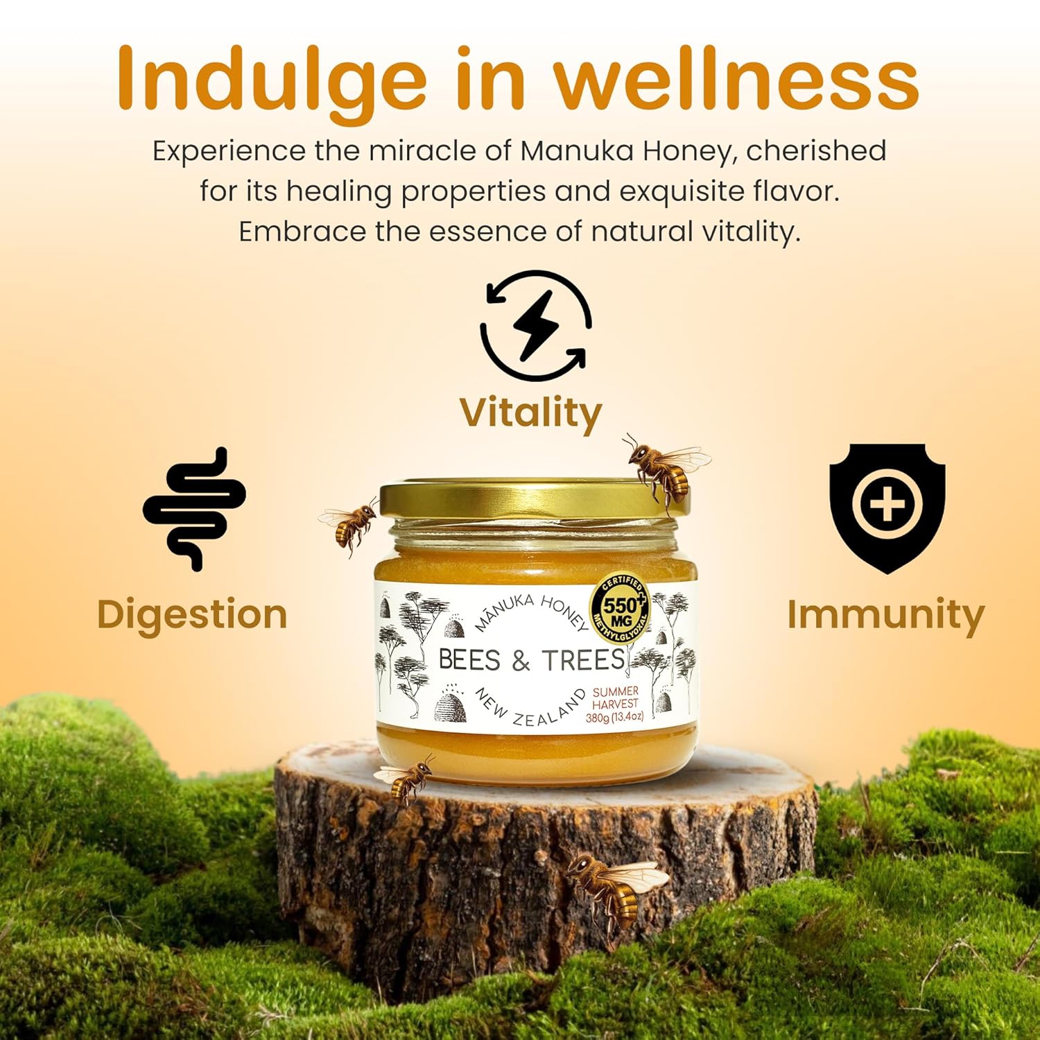 Bees & Trees Manuka Honey 550+ MGO – New Zealand Pure Monofloral, Raw, Bioactive – Unpasteurized Superfood for Wellness – Bioactive, Nutrient-Packed for Immunity & Vitality - 380g (13.4oz) Glass Jar1