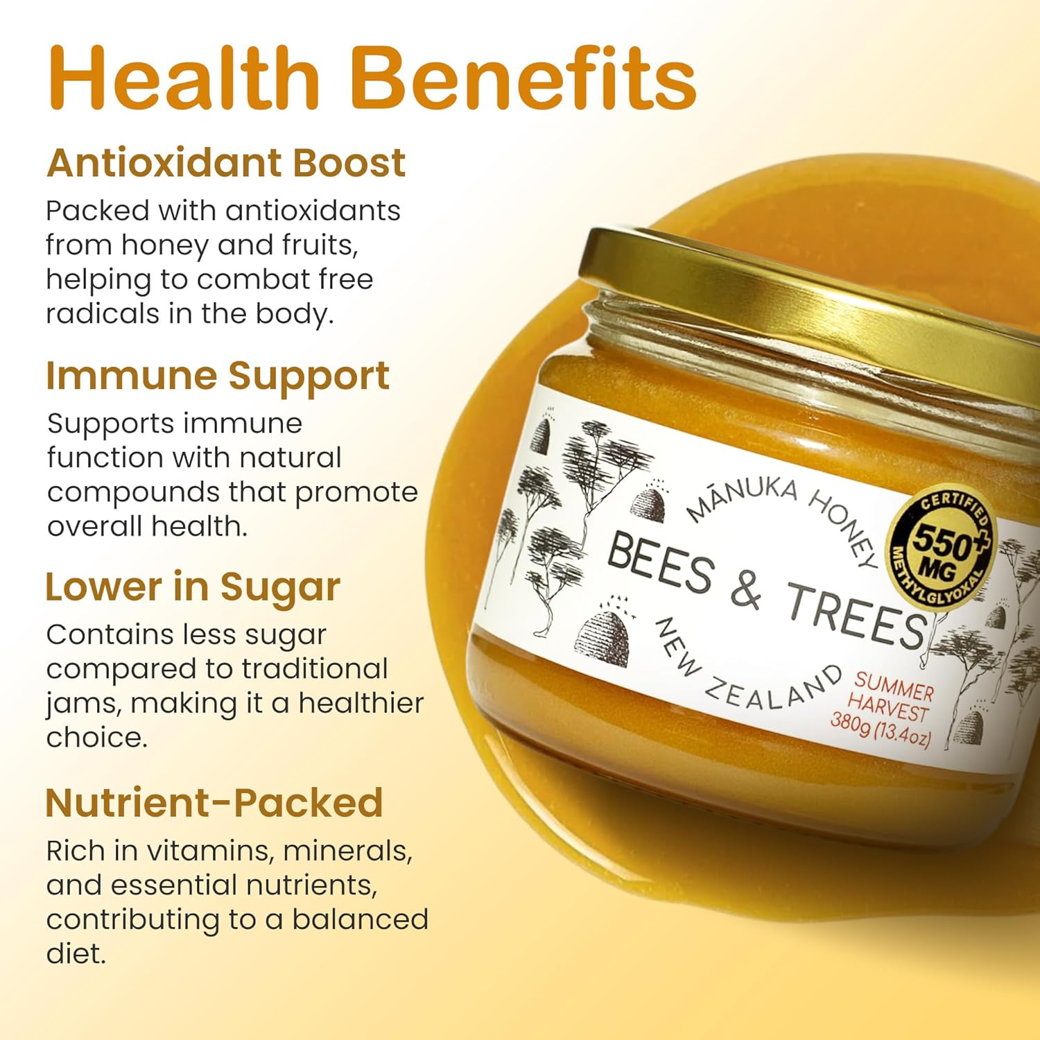 Bees & Trees Manuka Honey 550+ MGO – New Zealand Pure Monofloral, Raw, Bioactive – Unpasteurized Superfood for Wellness – Bioactive, Nutrient-Packed for Immunity & Vitality - 380g (13.4oz) Glass Jar4