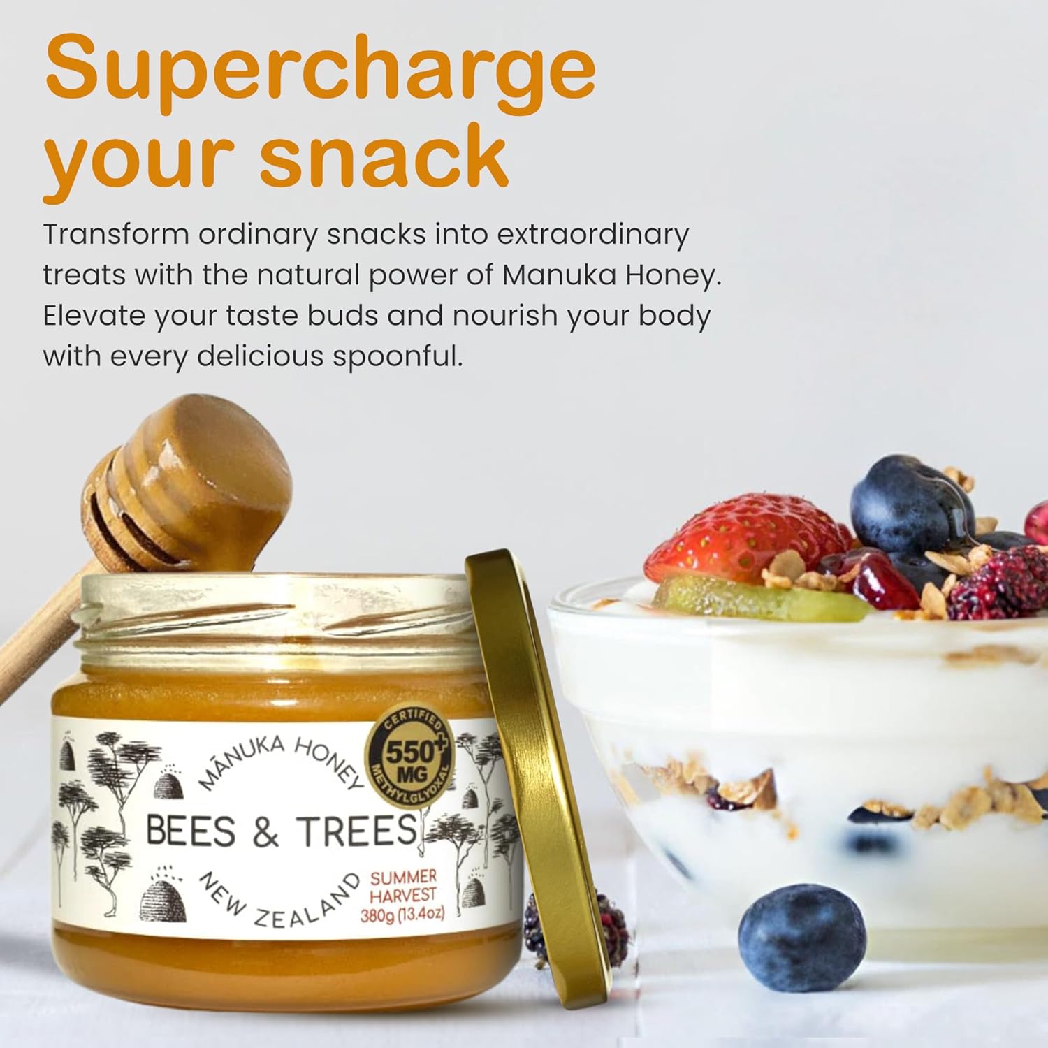 Bees & Trees Manuka Honey 550+ MGO – New Zealand Pure Monofloral, Raw, Bioactive – Unpasteurized Superfood for Wellness – Bioactive, Nutrient-Packed for Immunity & Vitality - 380g (13.4oz) Glass Jar5