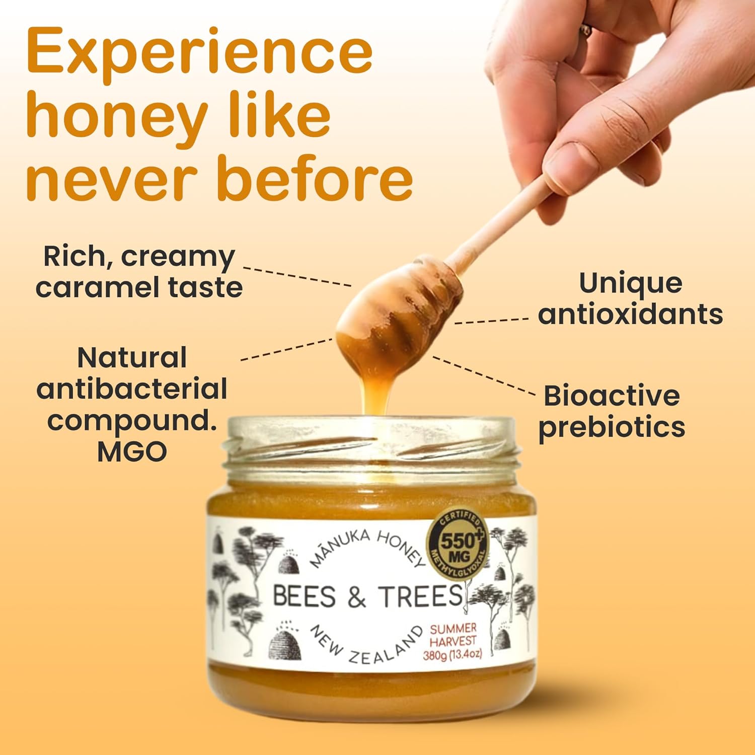 Bees & Trees Manuka Honey 550+ MGO – New Zealand Pure Monofloral, Raw, Bioactive – Unpasteurized Superfood for Wellness – Bioactive, Nutrient-Packed for Immunity & Vitality - 380g (13.4oz) Glass Jar6