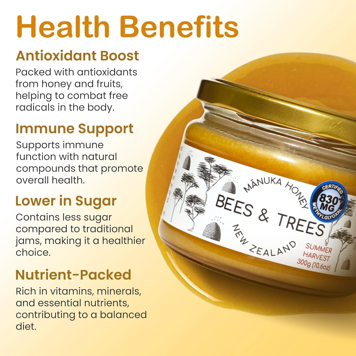 Bees & Trees Manuka Honey 830+ MGO – New Zealand Pure Monofloral, Raw, Bioactive – Unpasteurized Superfood for Wellness – Bioactive, Nutrient-Packed for Immunity & Vitality - 380g (13.4oz) Glass Jar2