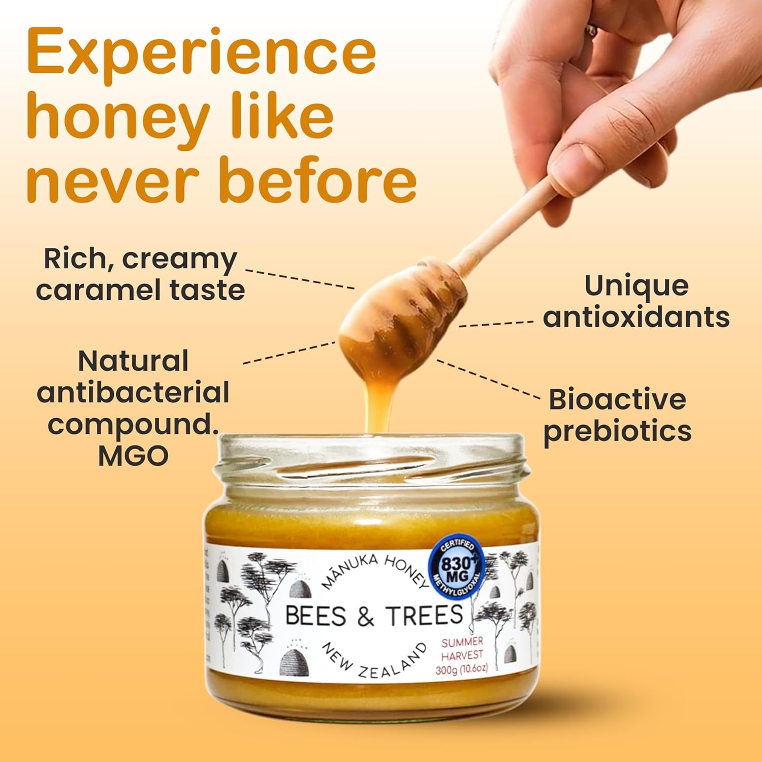 Bees & Trees Manuka Honey 830+ MGO – New Zealand Pure Monofloral, Raw, Bioactive – Unpasteurized Superfood for Wellness – Bioactive, Nutrient-Packed for Immunity & Vitality - 380g (13.4oz) Glass Jar9