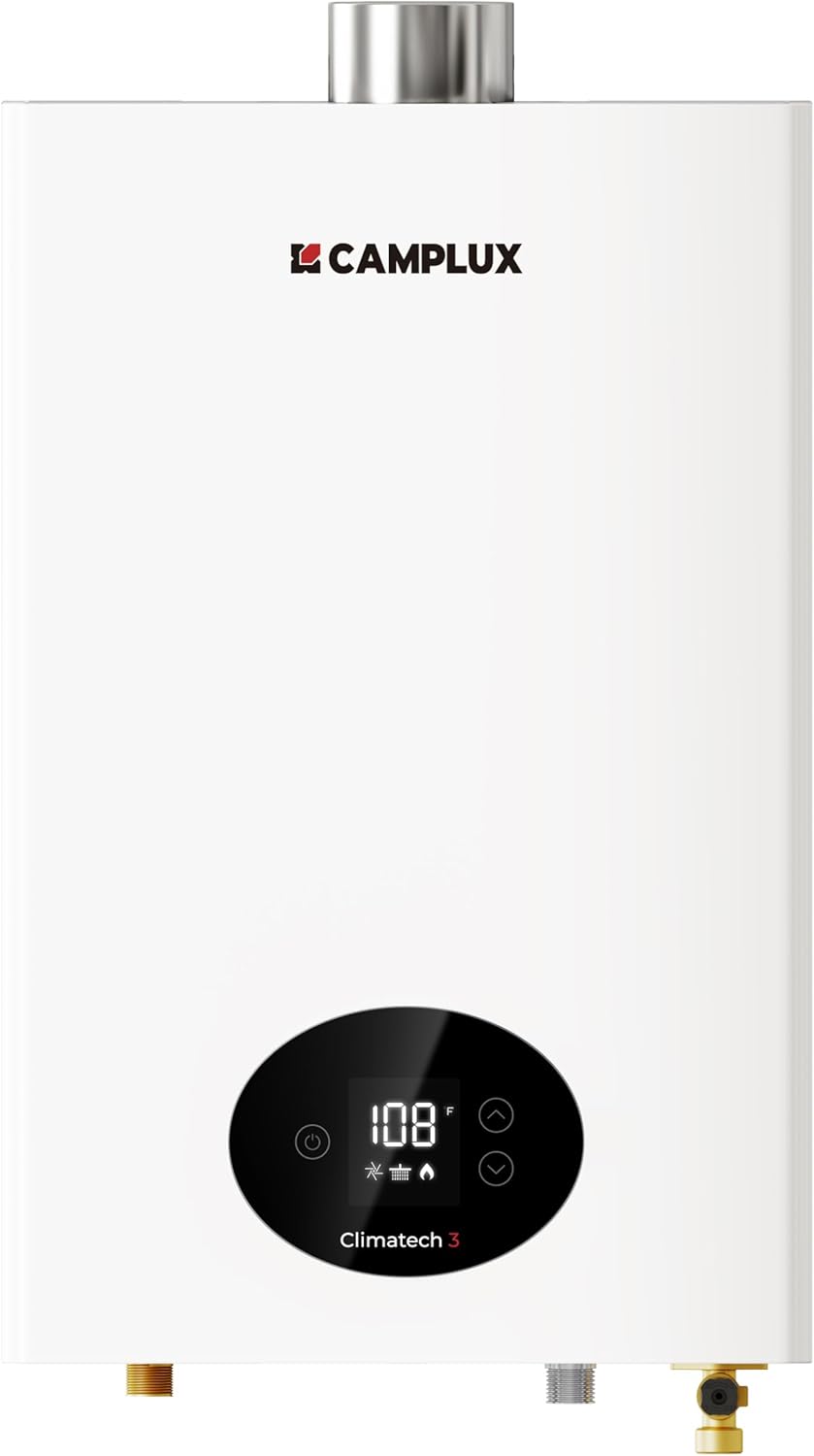 CAMPLUX Gas Tankless Water Heater Indoor, 82,000 BTU Instant On-Demand Natural Gas Water Heater 3.6 GPM, 2-3 Points of Use Water Heater, Climatech 3 Series, CX360, White CAMPLUX Gas Tankless Water Heater Indoor, 82,000 BTU Instant On-Demand Natural Gas Water Heater 3.6 GPM, 2-3 Points of Use Water Heater, Climatech 3 Series, CX360, White