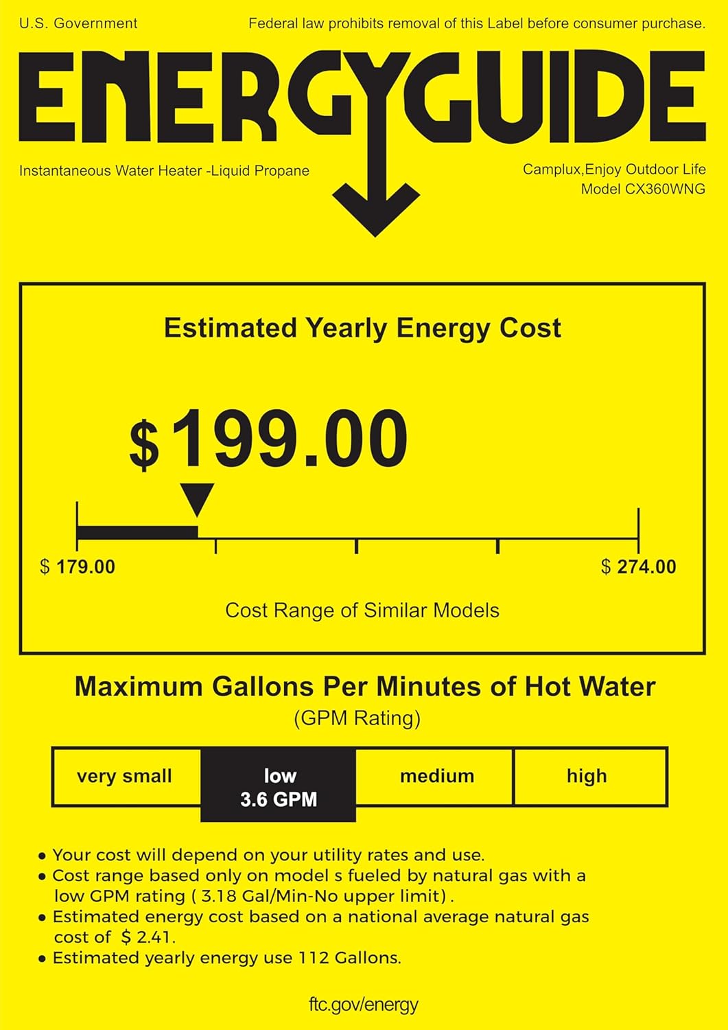 CAMPLUX Gas Tankless Water Heater Indoor, 82,000 BTU Instant On-Demand Natural Gas Water Heater 3.6 GPM, 2-3 Points of Use Water Heater, Climatech 3 Series, CX360, White0