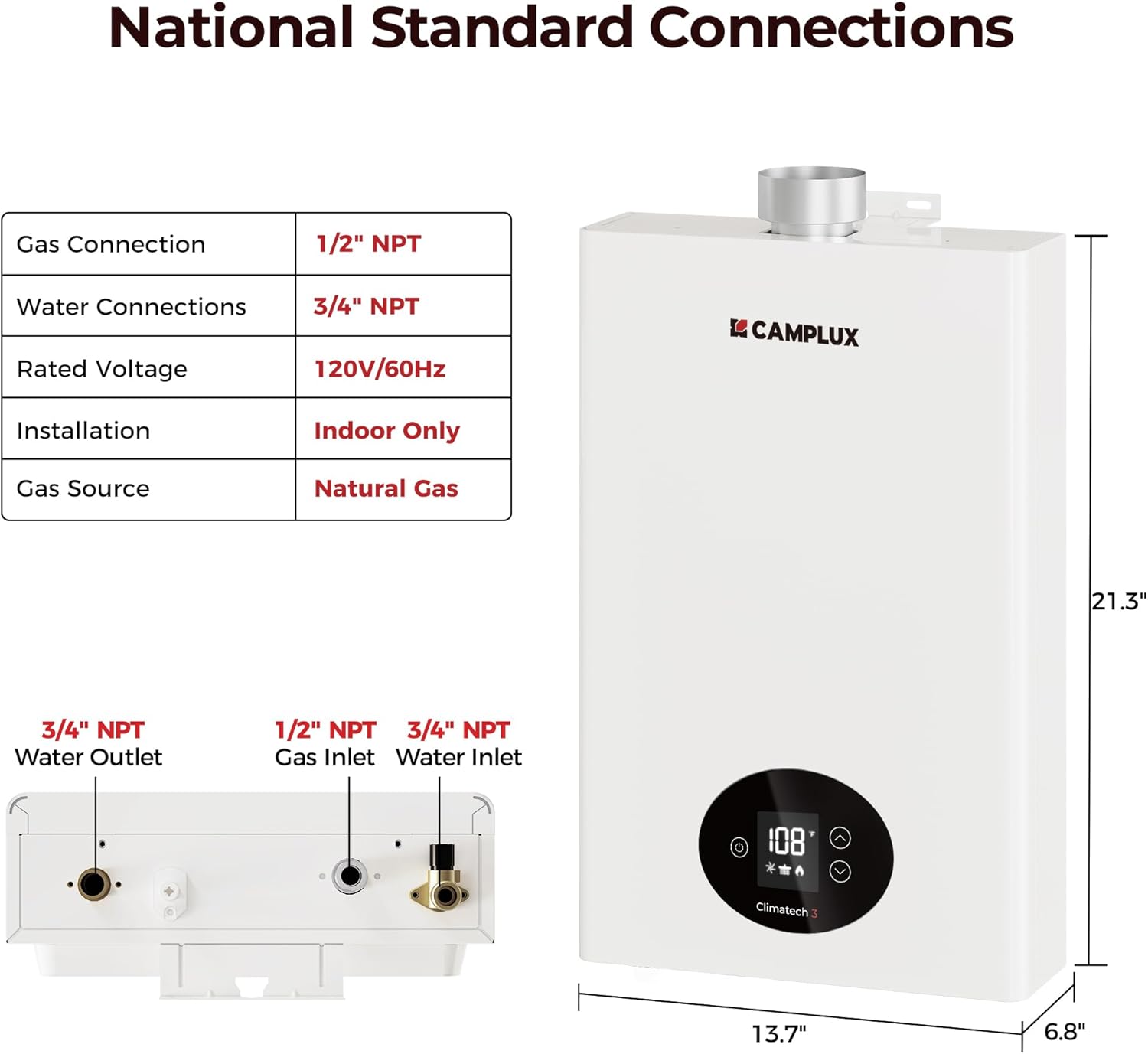 CAMPLUX Gas Tankless Water Heater Indoor, 82,000 BTU Instant On-Demand Natural Gas Water Heater 3.6 GPM, 2-3 Points of Use Water Heater, Climatech 3 Series, CX360, White7