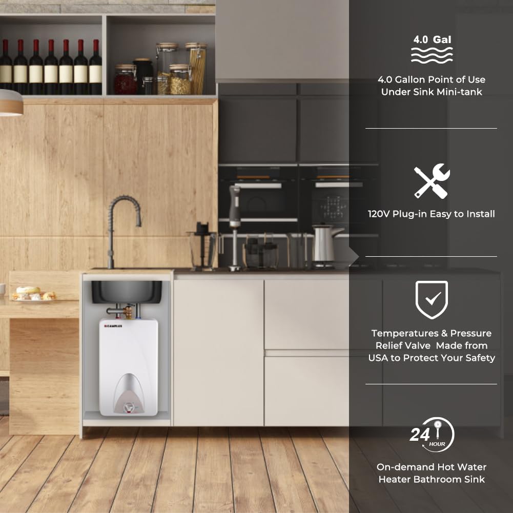 CAMPLUX Mini Tank Electric Water Heater ME40 4.0 Gallons, Point of Use No Wait for Hot Water Under Kitchen Sink 120V 1440W, Wall or Floor Mounted, UL Listed1
