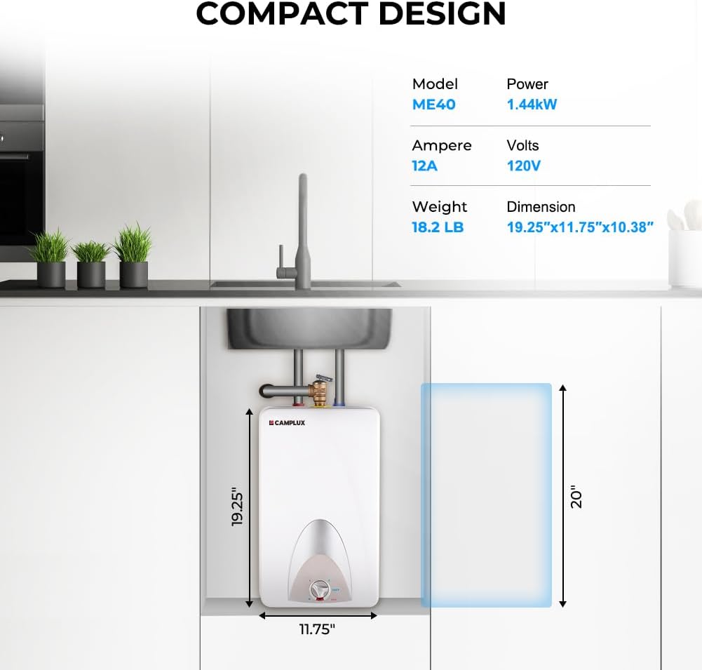 CAMPLUX Mini Tank Electric Water Heater ME40 4.0 Gallons, Point of Use No Wait for Hot Water Under Kitchen Sink 120V 1440W, Wall or Floor Mounted, UL Listed5