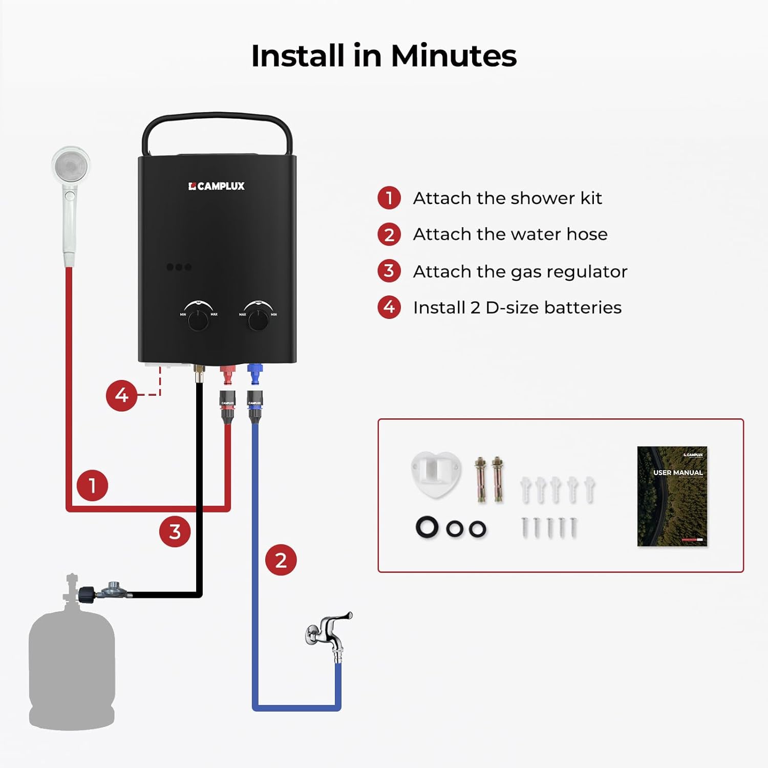 CAMPLUX Portable Water Heater 1.32 GPM, 5L Tankless Water Heater Propane Outdoor, AY132BN, Black0