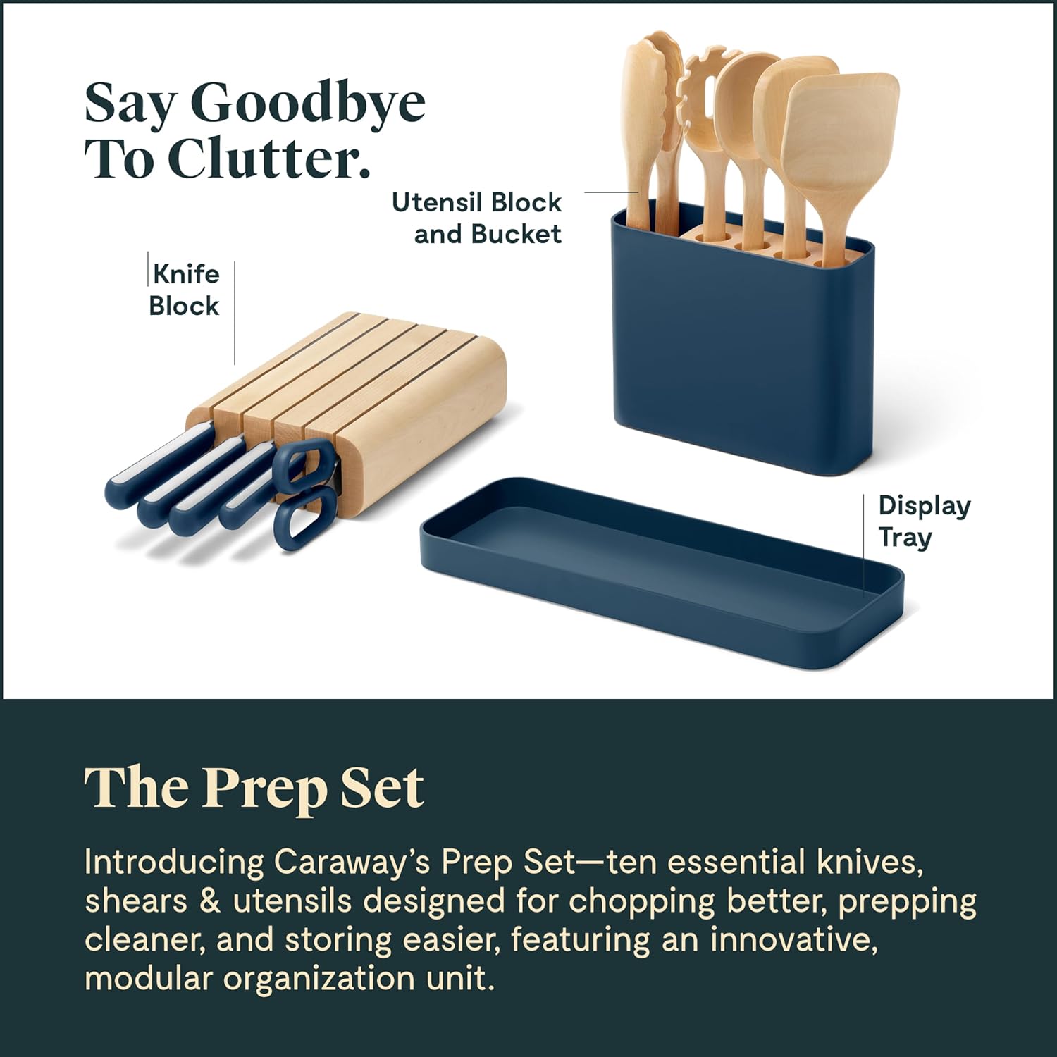 Caraway 14-Piece Kitchen Prep Set - Kitchen Knife Set & Wooden Utensil Set - Made With Premium German Steel Blades & FSC-Certified Birch Wood - Non-Toxic Materials - Includes Organizer - Navy1