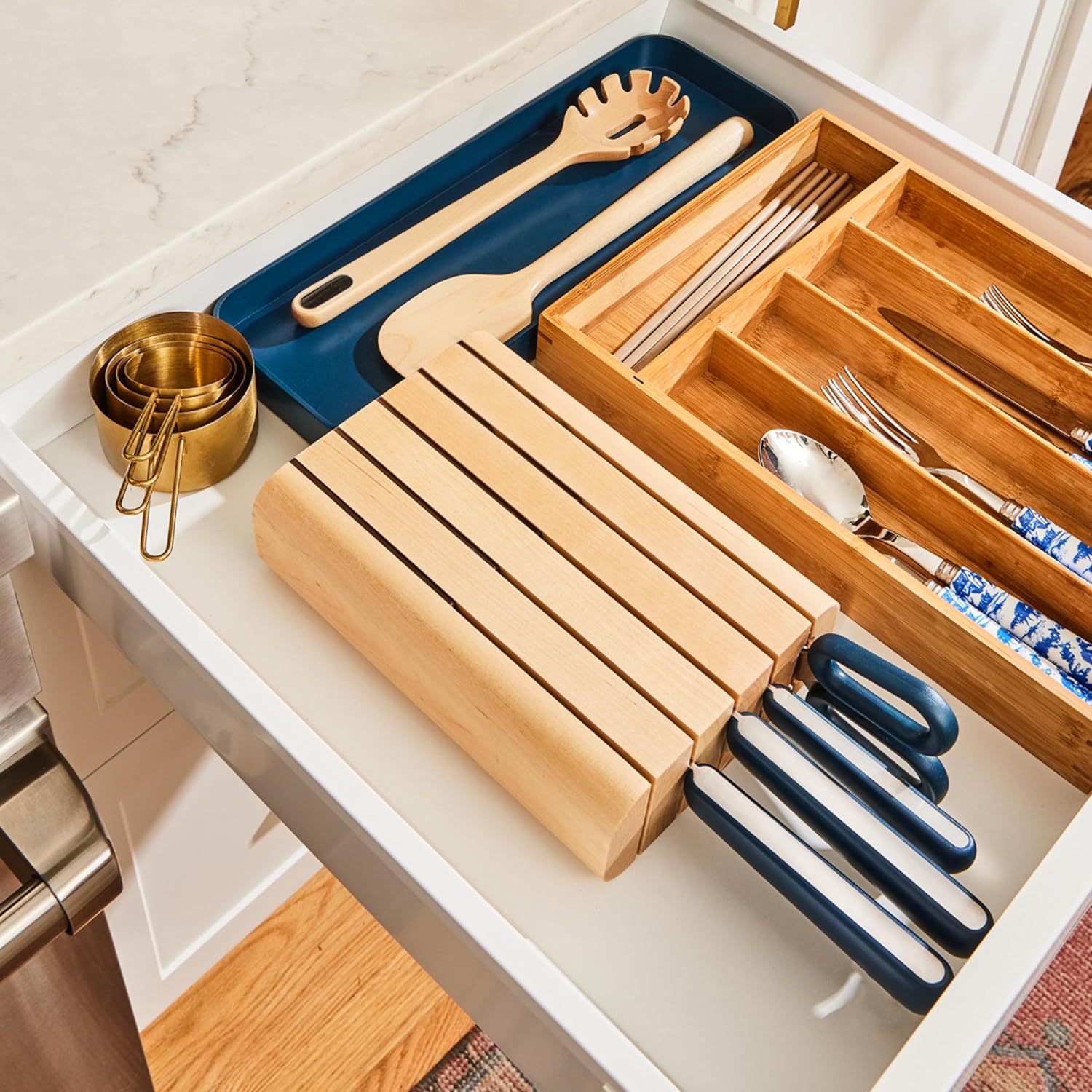 Caraway 14-Piece Kitchen Prep Set - Kitchen Knife Set & Wooden Utensil Set - Made With Premium German Steel Blades & FSC-Certified Birch Wood - Non-Toxic Materials - Includes Organizer - Navy9
