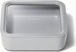 Caraway Glass Food Storage, 10 Cup Glass Container,Ceramic Coated Food Container,Easy to Store, Non Toxic, Non Stick Lunch Box Container with Glass Lids. Dishwasher, Oven,Square Shape,Gray