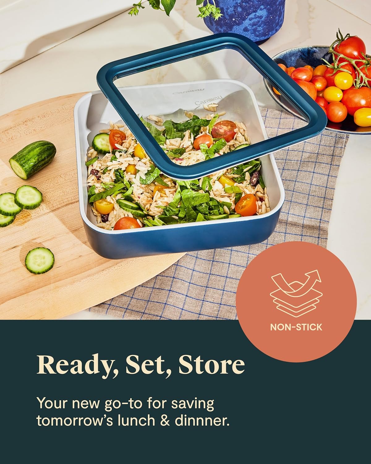 Caraway Glass Food Storage, 10 Cup Glass Container,Ceramic Coated Food Container,Easy to Store, Non Toxic, Non Stick Lunch Box Container with Glass Lids. Dishwasher, Oven,Square Shape,Mist4