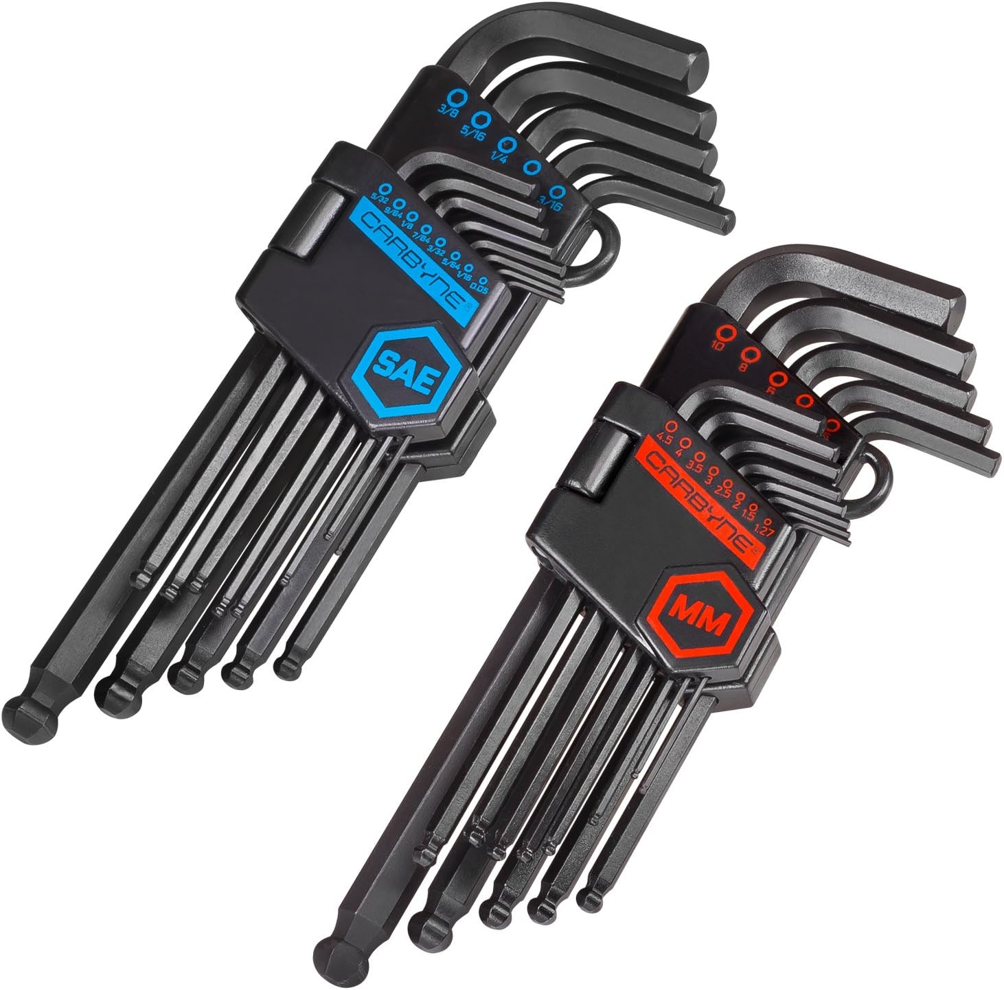 Carbyne 26-Piece Long Arm Ball End Hex (Allen) Key Wrench Set, Inch (Standard) Metric. Includes Metric Hex 1.27mm-10mm, SAE Hex 0.05-3 8. Heat Treated S2 Steel Carbyne 26-Piece Long Arm Ball End Hex (Allen) Key Wrench Set, Inch (Standard) / Metric. Includes Metric Hex 1.27mm-10mm, SAE Hex 0.05"-3/8". Heat Treated S2 Steel