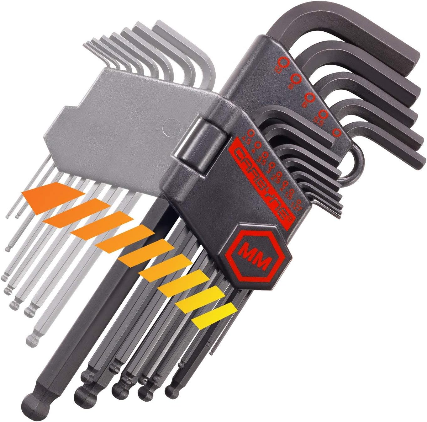 Carbyne 26-Piece Long Arm Ball End Hex (Allen) Key Wrench Set, Inch (Standard) Metric. Includes Metric Hex 1.27mm-10mm, SAE Hex 0.05-3 8. Heat Treated S2 Steel0