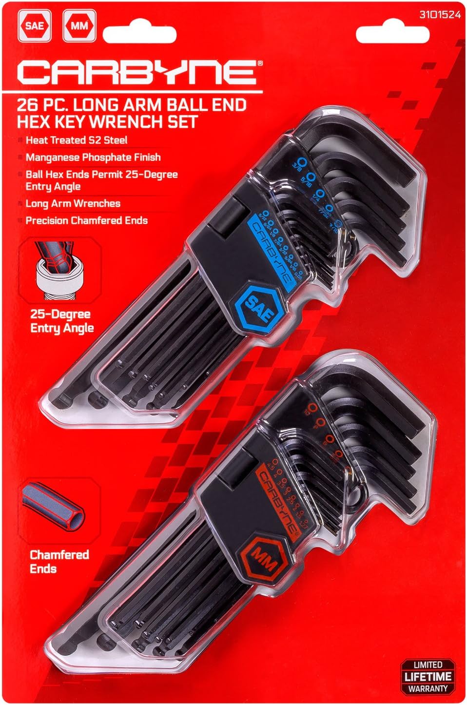 Carbyne 26-Piece Long Arm Ball End Hex (Allen) Key Wrench Set, Inch (Standard) Metric. Includes Metric Hex 1.27mm-10mm, SAE Hex 0.05-3 8. Heat Treated S2 Steel1