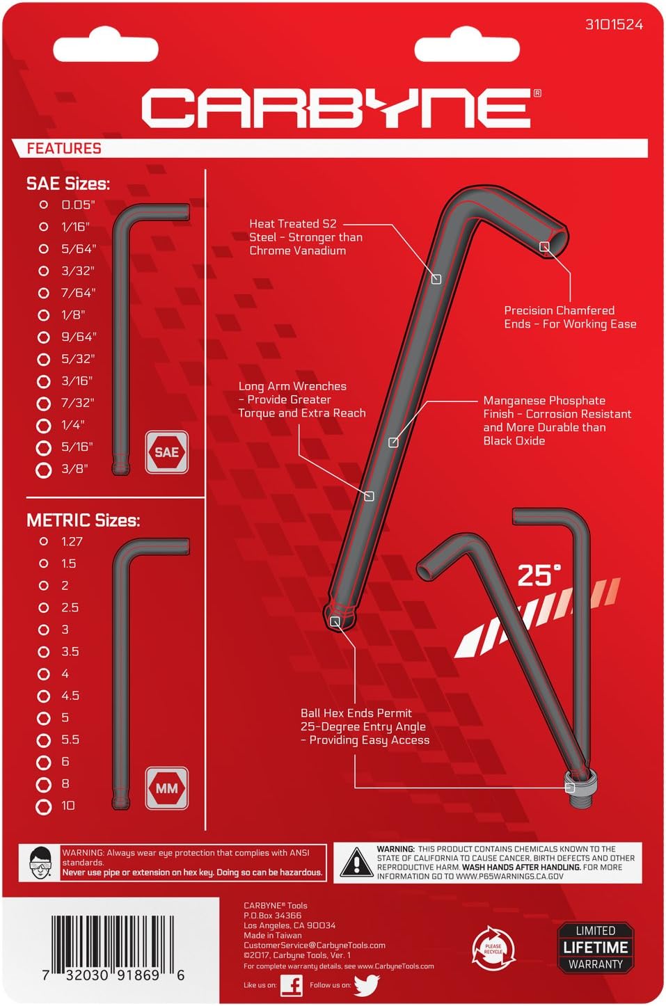 Carbyne 26-Piece Long Arm Ball End Hex (Allen) Key Wrench Set, Inch (Standard) Metric. Includes Metric Hex 1.27mm-10mm, SAE Hex 0.05-3 8. Heat Treated S2 Steel3