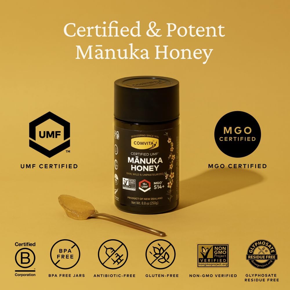 Comvita Manuka Honey (UMF 15+, MGO 514+) New Zealand’s #1 Manuka Brand Superfood for Gut & Immune Support Raw, Wild, Non-GMO 8.8 oz2
