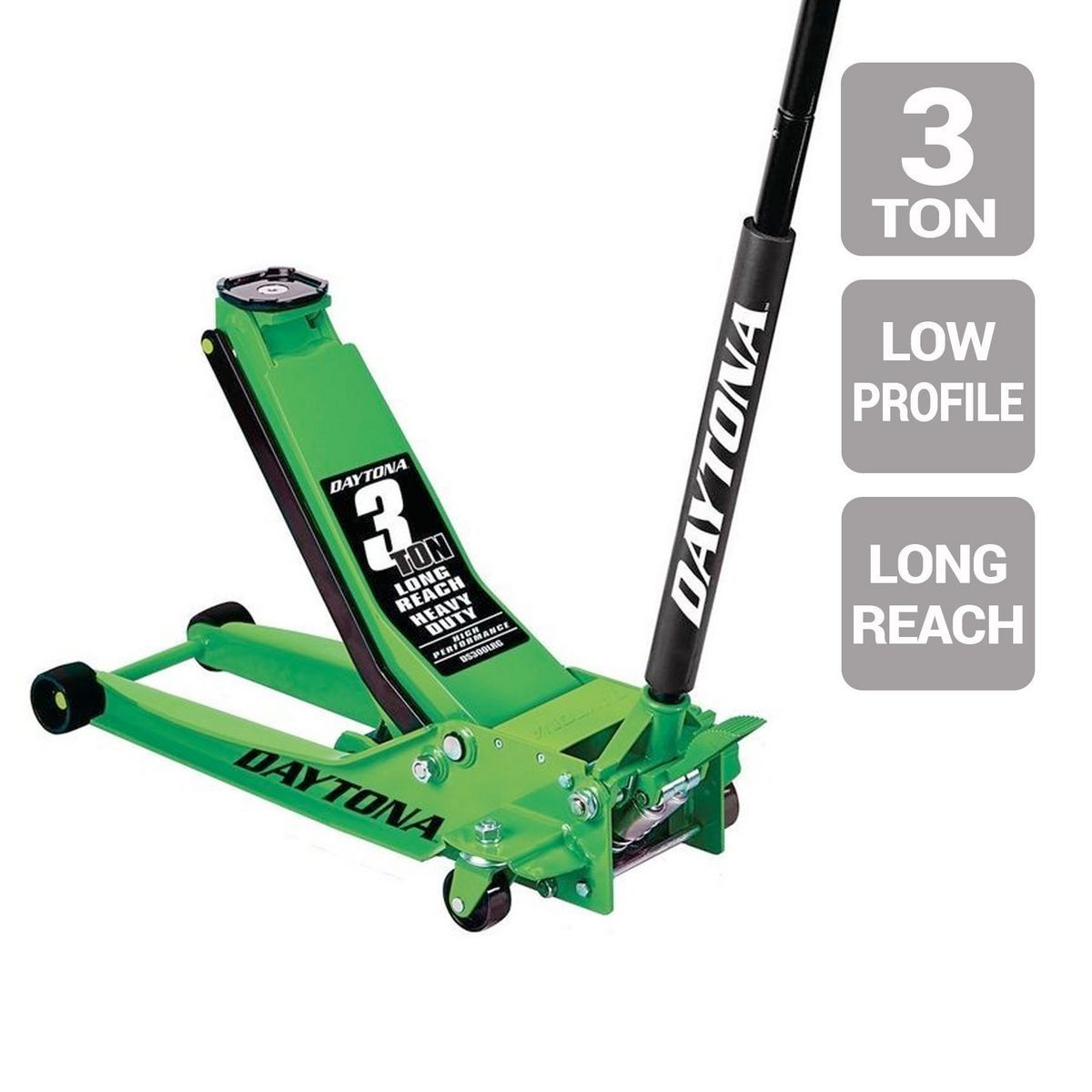 DAYTONA DS300LRG 3 Ton Long-Reach Low-Profile Professional Floor Jack with RAPID PUMP, Green DAYTONA DS300LRG 3 Ton Long-Reach Low-Profile Professional Floor Jack with RAPID PUMP, Green