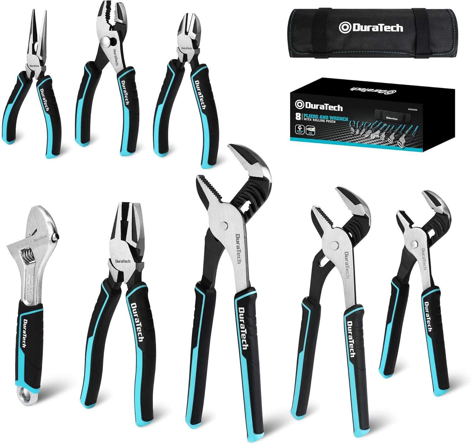 DURATECH 8-Piece Pliers Set with Rolling Pouch, Premium Cr-V Cr-Ni Construction, (12, 10, 8 Groove Joint Pliers, 8 Adjustable Wrench, 8 Linesman, 6 Long Needle Nose, 6 Slip Joint, 6 Diagonal) DURATECH 8-Piece Pliers Set with Rolling Pouch, Premium Cr-V/Cr-Ni Construction, (12", 10", 8" Groove Joint Pliers, 8" Adjustable Wrench, 8" Linesman, 6" Long Needle Nose, 6" Slip Joint, 6" Diagonal)