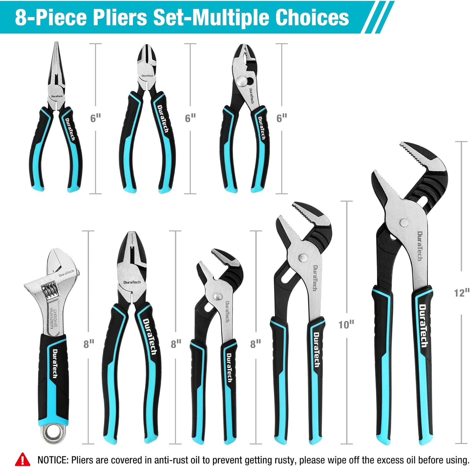 DURATECH 8-Piece Pliers Set with Rolling Pouch, Premium Cr-V Cr-Ni Construction, (12, 10, 8 Groove Joint Pliers, 8 Adjustable Wrench, 8 Linesman, 6 Long Needle Nose, 6 Slip Joint, 6 Diagonal)1