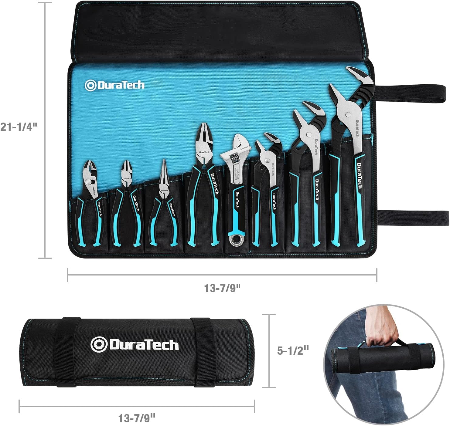 DURATECH 8-Piece Pliers Set with Rolling Pouch, Premium Cr-V Cr-Ni Construction, (12, 10, 8 Groove Joint Pliers, 8 Adjustable Wrench, 8 Linesman, 6 Long Needle Nose, 6 Slip Joint, 6 Diagonal)2