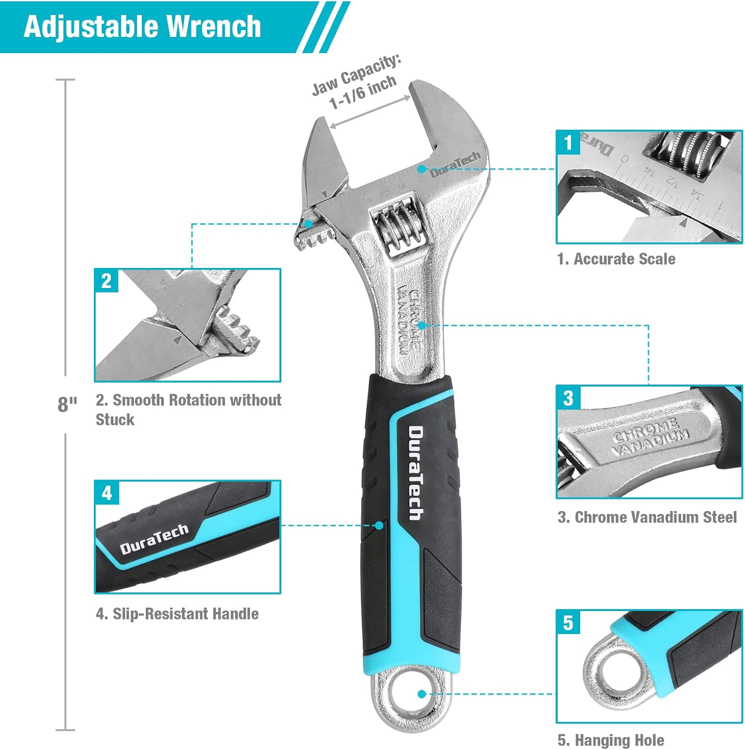 DURATECH 8-Piece Pliers Set with Rolling Pouch, Premium Cr-V Cr-Ni Construction, (12, 10, 8 Groove Joint Pliers, 8 Adjustable Wrench, 8 Linesman, 6 Long Needle Nose, 6 Slip Joint, 6 Diagonal)5