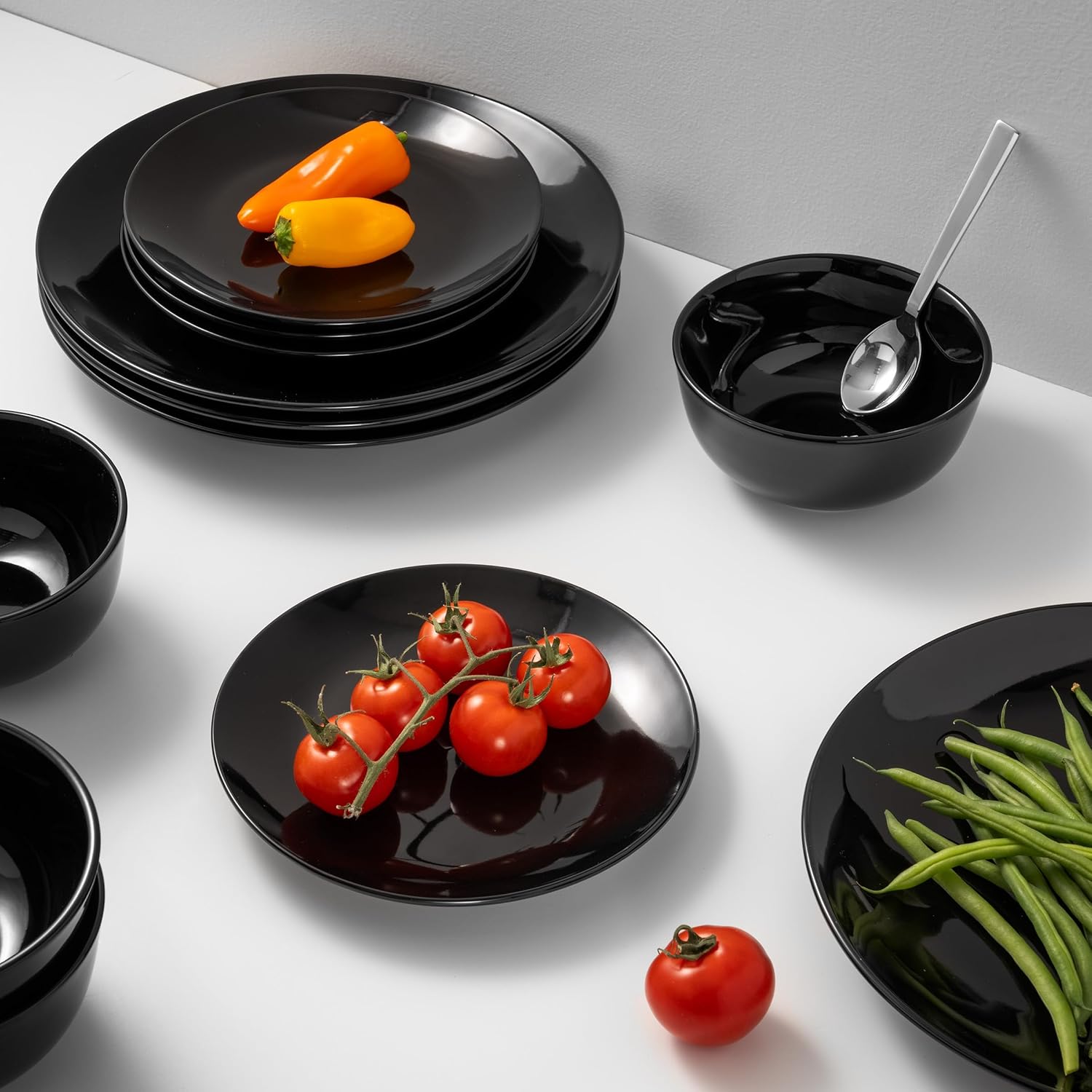 Dinnerware Sets, Fine Porcelain Dinnerware Sets, Plates and Bowls Sets, Dishes, 12-Piece Service for 4, Black1