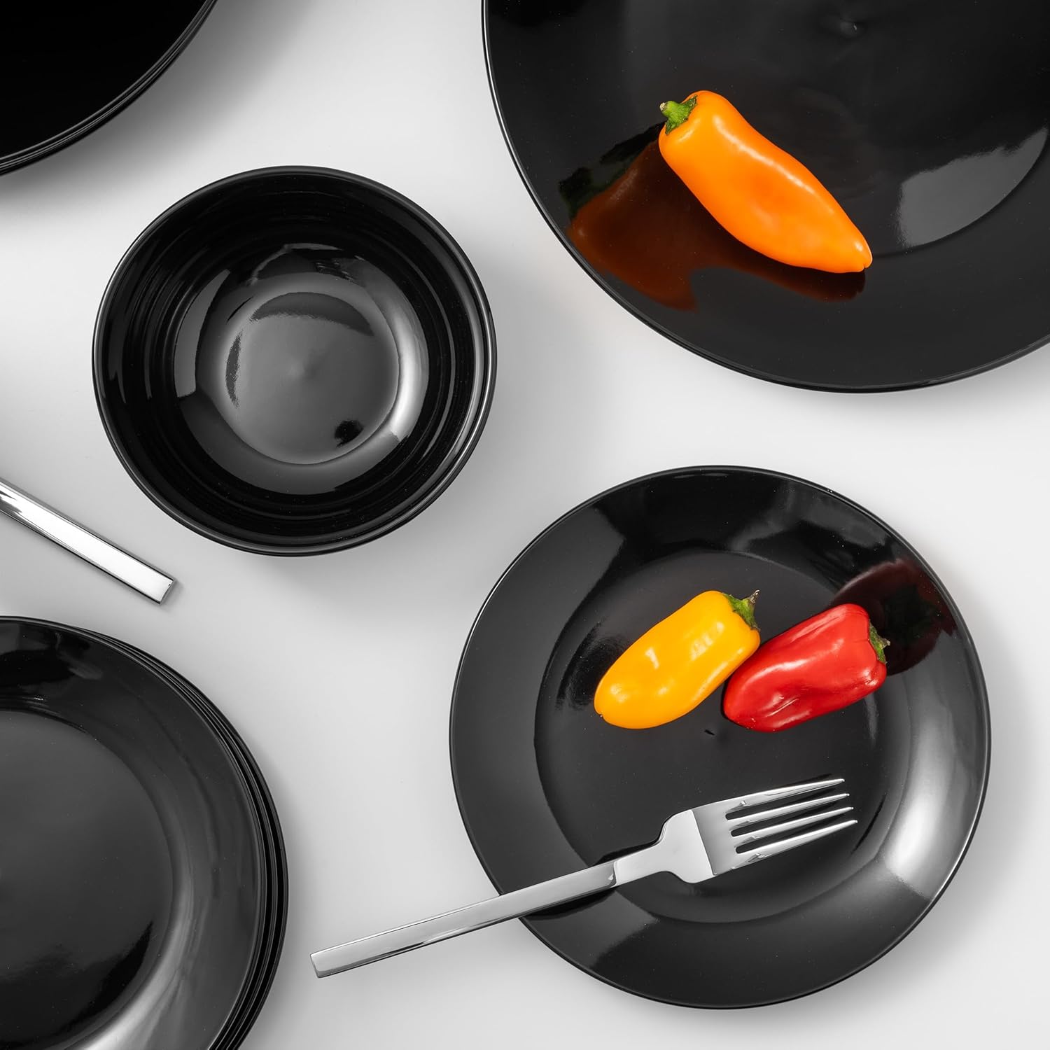 Dinnerware Sets, Fine Porcelain Dinnerware Sets, Plates and Bowls Sets, Dishes, 12-Piece Service for 4, Black6