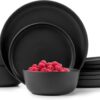 Dinnerware Sets, Stoneware Dinnerware Sets, Plates and Bowls Sets, Dishes, 12-Piece Service for 4, Matte Black