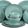 Elama Embossed Stoneware Ocean Dinnerware Dish Set, 16 Piece, Turquoise