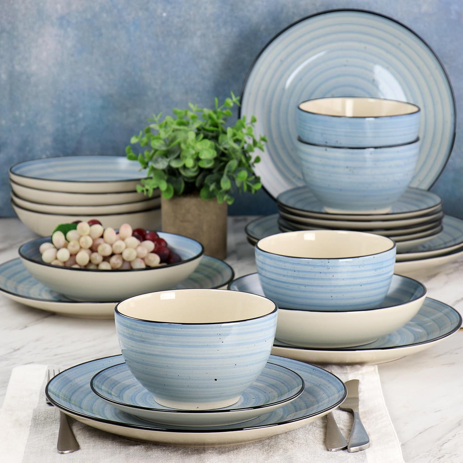 Elama Gia 24 Piece Round Stoneware Dinnerware Set in Light Blue-
