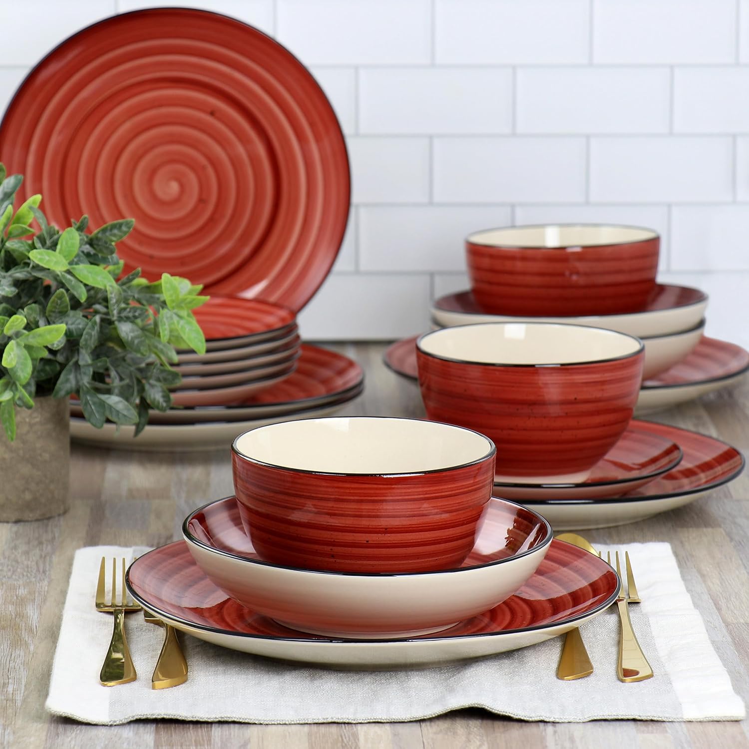 Elama Gia 24 Piece Round Stoneware Dinnerware Set in Red0