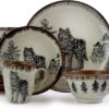 Elama Round Stoneware Cabin Dinnerware Dish Set, 16 Piece, Wolf Design with Warm Taupe and Brown Accents