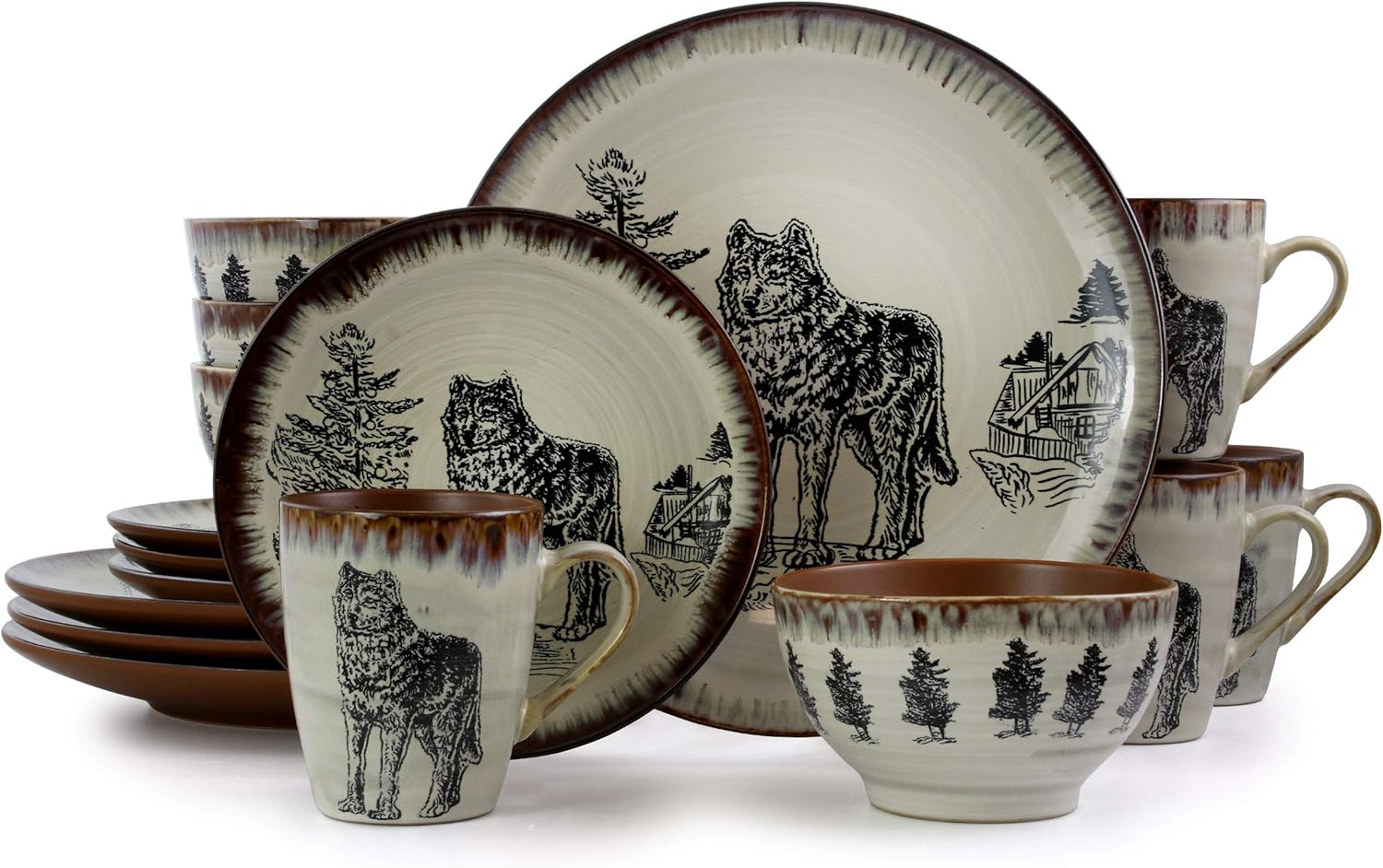 Elama Round Stoneware Cabin Dinnerware Dish Set, 16 Piece, Wolf Design with Warm Taupe and Brown Accents Elama Round Stoneware Cabin Dinnerware Dish Set, 16 Piece, Wolf Design with Warm Taupe and Brown Accents