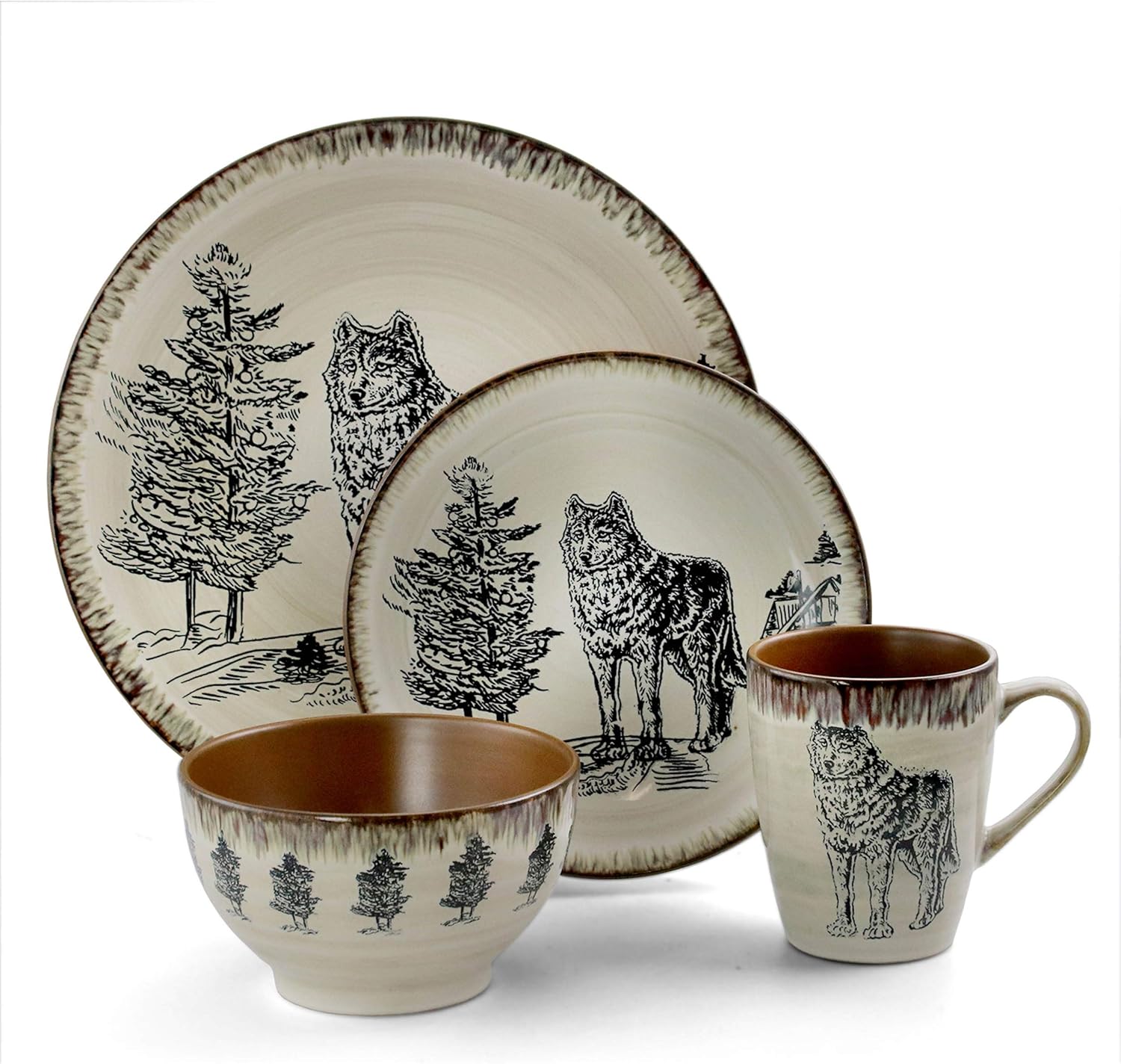 Elama Round Stoneware Cabin Dinnerware Dish Set, 16 Piece, Wolf Design with Warm Taupe and Brown Accents1