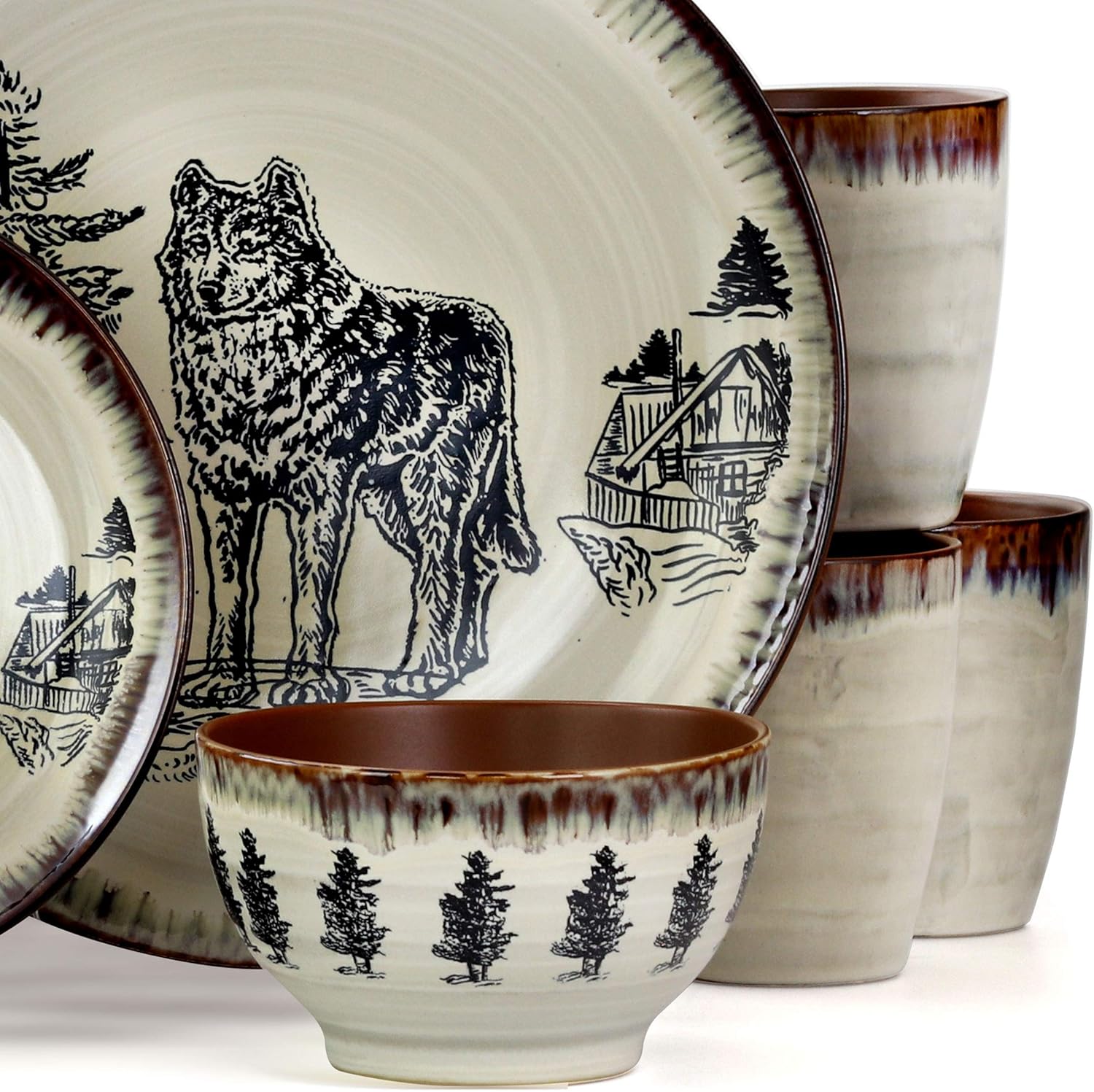 Elama Round Stoneware Cabin Dinnerware Dish Set, 16 Piece, Wolf Design with Warm Taupe and Brown Accents4