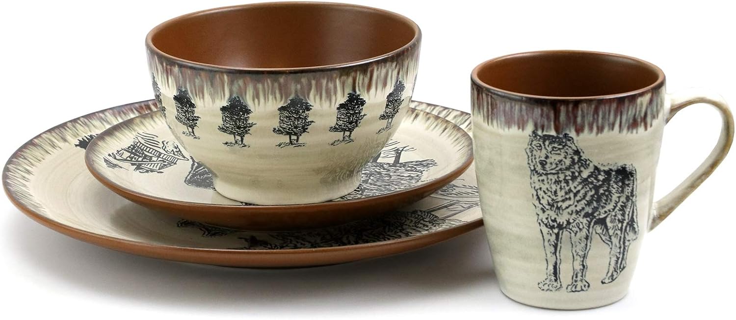 Elama Round Stoneware Cabin Dinnerware Dish Set, 16 Piece, Wolf Design with Warm Taupe and Brown Accents6