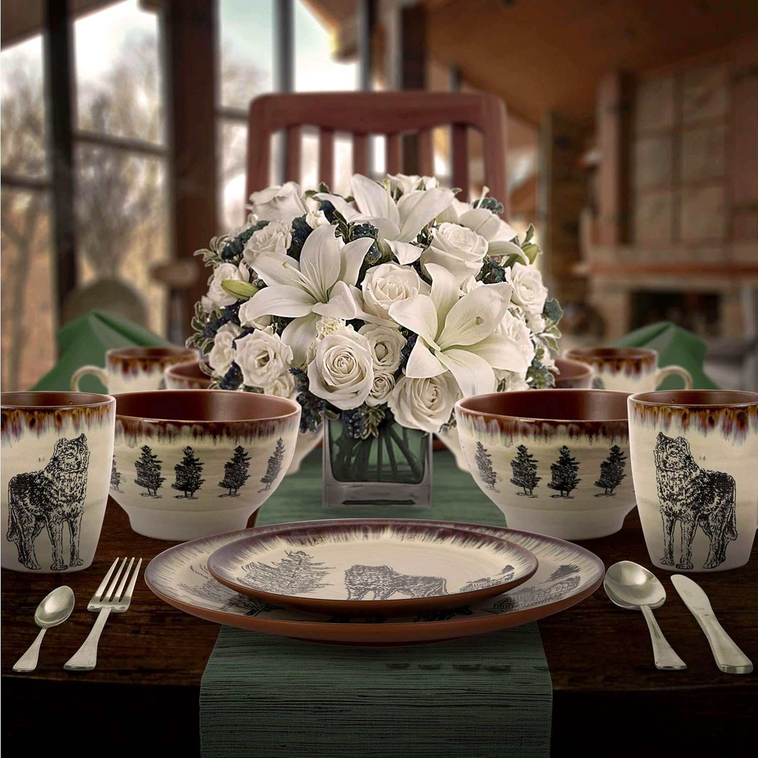 Elama Round Stoneware Cabin Dinnerware Dish Set, 16 Piece, Wolf Design with Warm Taupe and Brown Accents9