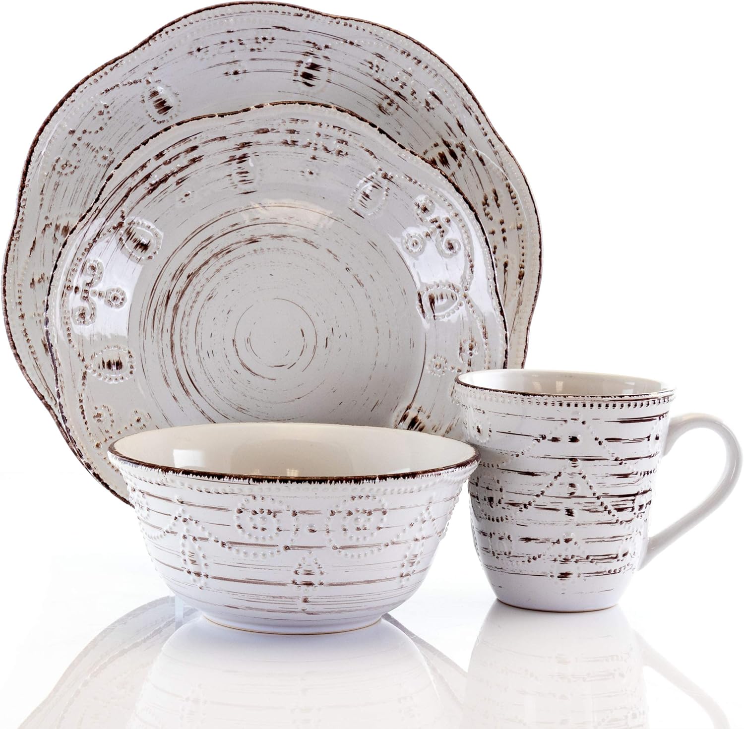 Elama Rustic Birch 16 Piece Embossed Scalloped Stoneware Round Dinnerware Set in White with Brown Accents1
