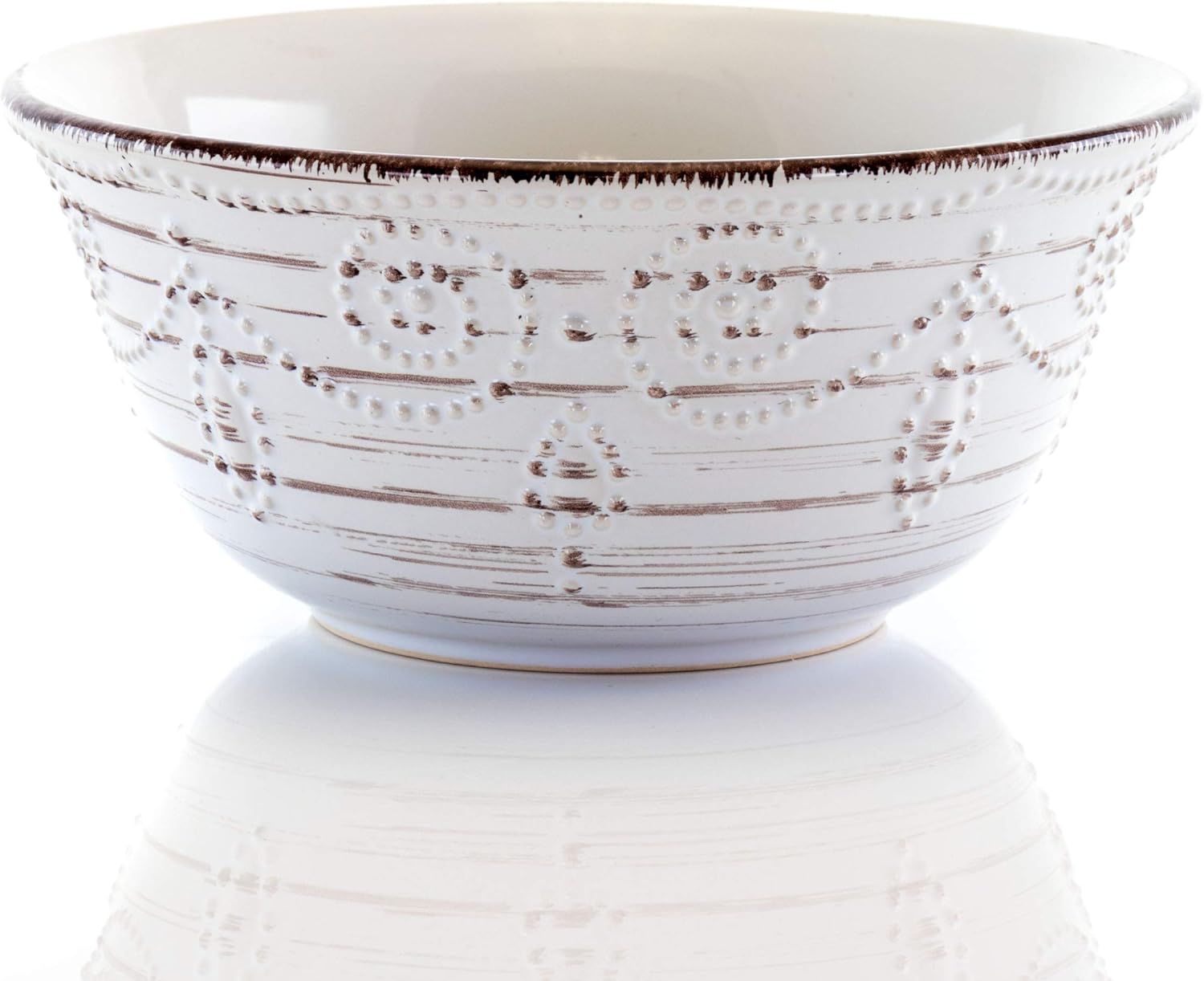 Elama Rustic Birch 16 Piece Embossed Scalloped Stoneware Round Dinnerware Set in White with Brown Accents2