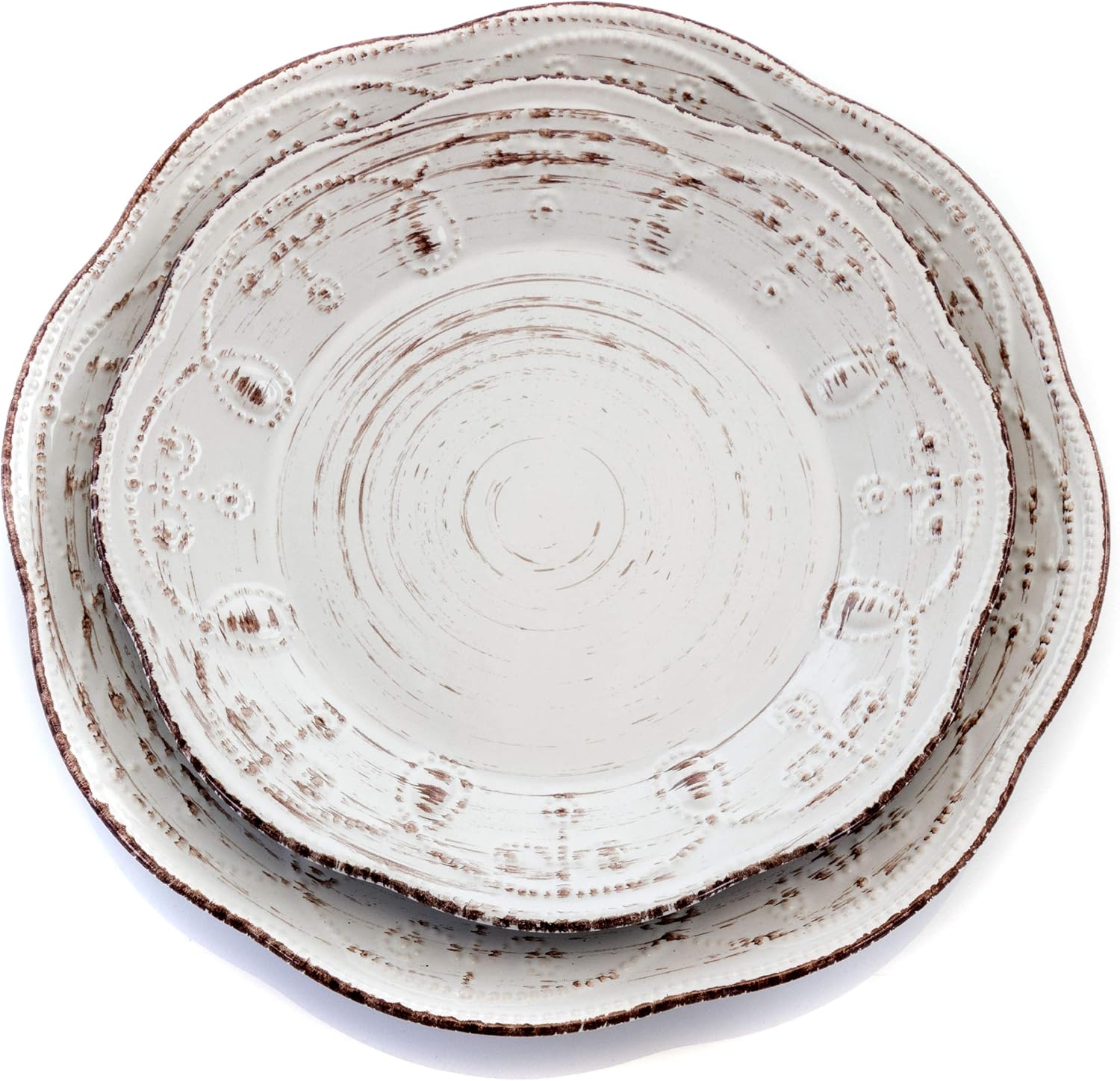 Elama Rustic Birch 16 Piece Embossed Scalloped Stoneware Round Dinnerware Set in White with Brown Accents3