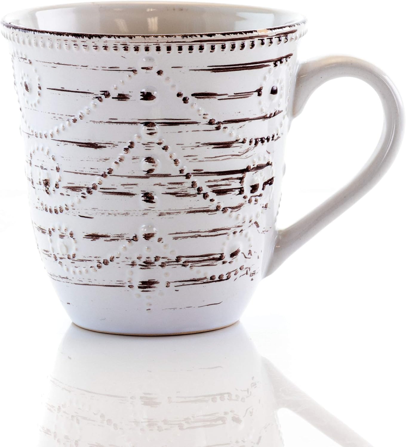 Elama Rustic Birch 16 Piece Embossed Scalloped Stoneware Round Dinnerware Set in White with Brown Accents6