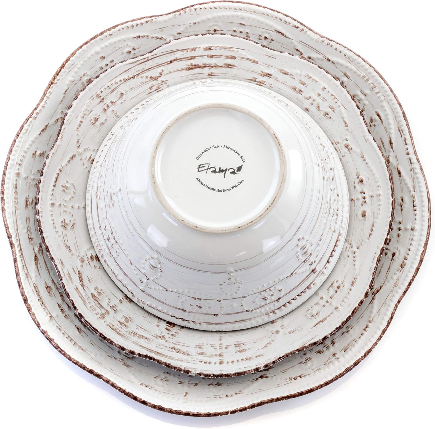Elama Rustic Birch 16 Piece Embossed Scalloped Stoneware Round Dinnerware Set in White with Brown Accents8