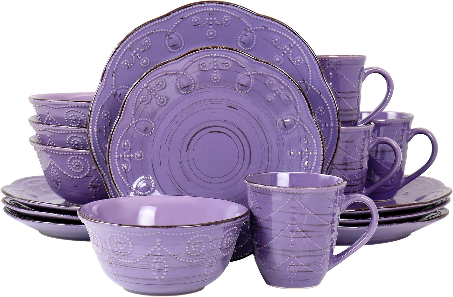 Elama Rustic Birch 16 Piece Stoneware Dinnerware Set in Purple, Purple with Brown Accents, (EL-RUSTICBIRCH) Elama Rustic Birch 16 Piece Stoneware Dinnerware Set in Purple, Purple with Brown Accents, (EL-RUSTICBIRCH)
