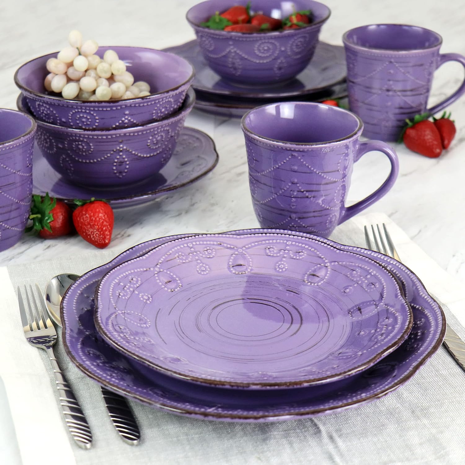 Elama Rustic Birch 16 Piece Stoneware Dinnerware Set in Purple, Purple with Brown Accents, (EL-RUSTICBIRCH)0